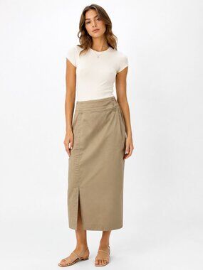 Vintage Khaki Wrap Midi Skirt 70s Safari Style by Giorgio Sant’Angelo